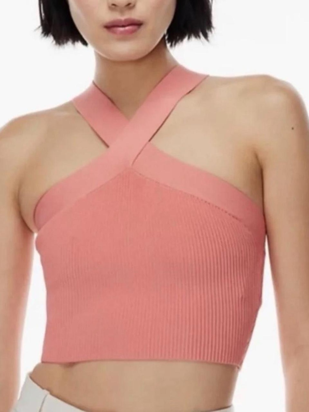Aritzia Babaton Sculpt Knit Criss Cross Cropped Tank in Peach.